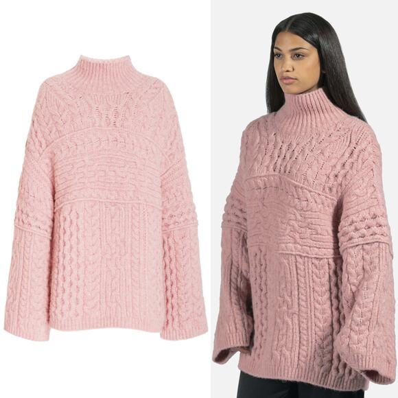 Nanushka Raw Cable-Knit Chunky Oversized Turtleneck Sweater in Pink - Picture 3 of 7